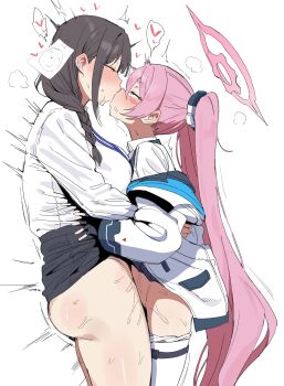 1futa 2girls absurdres ass black_hair blue_archive breasts clothed_sex deep_penetration doodle_sensei_(blue_archive) female_sensei_(blue_archive) female_sensei_(blue_archive)_(xipa) futanari halo heart highres implied_futanari kiss koss koyuki_(blue_archive) large_breasts long_hair multiple_girls pink_hair pink_halo sensei_(blue_archive) sex shirt simple_background spoken_heart standing standing_missionary standing_sex vaginal white_background white_shirt xipa yuri