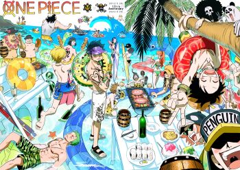 3girls 6+boys ^_^ apron arm_tattoo back_tattoo bepo_(one_piece) bikini black_hair blonde_hair boat bottle bracelet braid braided_twintails brook_(one_piece) chest_tattoo clione_(one_piece) closed_eyes commentary_request cooking copyright_name cup dated facial_hair flower_wreath food franky_(one_piece) fruit full_body goatee green_hair grilling hakugan_(one_piece) hat heart_pirates_jolly_roger highres holding holding_cup ikkaku_(one_piece) innertube jean_bart_(one_piece) jewelry jinbe_(one_piece) jolly_roger leg_hair mask monkey_d._luffy multiple_boys multiple_girls nami_(one_piece) nico_robin ocean one_piece onigiri open_mouth orange_hair orange_hat outdoors pandaman_(one_piece) penguin_(one_piece) pink_apron playing_games ponytail roronoa_zoro sandals sanji_(one_piece) scar scar_across_eye scar_on_chest scar_on_face shachi_(one_piece) shorts souma_(soumadian) squatting stitched_torso stitches straw_hat_pirates straw_hats_jolly_roger sunglasses swim_ring swimsuit tattoo thousand_sunny tony_tony_chopper topless_male trafalgar_law usopp v watercraft watermelon