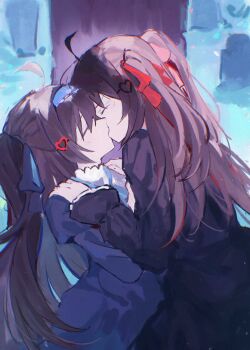 2girls absurdres ahoge black_dress blue_hairband blue_ribbon brown_hair closed_eyes commentary commission cowboy dress english_commentary evil_neuro-sama from_side hair_ornament hair_ribbon hairband heart heart_hair_ornament highres incest kiss long_hair long_sleeves multiple_girls neuro-sama outdoors pinkpink939 profile red_ribbon ribbon second-party_source siblings sisters tombstone twincest twins two_side_up vedal_ai western white_dress yuri