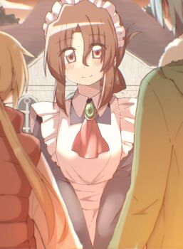 1boy 2girls apron artist_request ayasaki_hayate blonde_hair blue_eyes blue_hair blush brown_hair closed_mouth dress folded_ponytail hayate_no_gotoku! highres long_hair maid maid_headdress maria_(hayate_no_gotoku!) multiple_girls outdoors red_eyes sanzen'in_nagi sky smile solo_focus sunset twintails