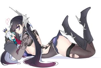1girl arched_back ass asymmetrical_gloves black_boots black_gloves black_hair black_thighhighs blue_dress blue_eyes boots breasts cerydra_(honkai:_star_rail) character_doll choikfu commentary doll dress from_side gloves hair_ornament heart high_heel_boots high_heels highres holding holding_doll honkai:_star_rail honkai_(series) hysilens_(honkai:_star_rail) implied_yuri lace_pantyhose_hooked_on_heel_(meme) large_breasts long_hair lying meme mismatched_gloves on_stomach red_gloves solo thighhighs torn_clothes torn_thighhighs very_long_hair