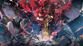 1boy 1girl armor artist_request bat_(animal) black_boots blue_eyes boots breasts character_request cleavage closed_mouth commentary copyright_name dress english_commentary fingerless_gloves gloves highres holding holding_sword holding_weapon lips long_hair official_art open_mouth red_dress red_gloves red_hair red_hood silver_and_blood sword thigh_boots weapon