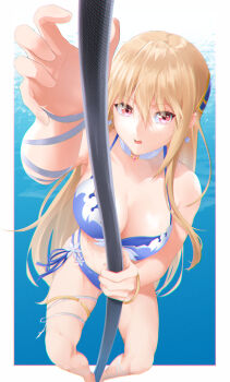 1girl absurdres arm_up bangle bare_shoulders bikini blonde_hair blue_bikini border bracelet breasts choker cleavage climbing collarbone earrings from_above hair_between_eyes hair_ornament heaven_burns_red highres holding holding_pole jewelry jjaga236 large_breasts leg_ribbon long_hair looking_at_viewer medium_breasts official_alternate_costume open_mouth outside_border pole pole_dancing red_eyes ribbon shirakawa_yuina side-tie_bikini_bottom sidelocks solo standing swimsuit thigh_ribbon thigh_strap very_long_hair water white_border white_choker white_ribbon