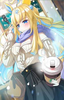 1girl ahoge animal_ears bag black_skirt blonde_hair blue_eyes blue_hair blue_scarf blush breasts cleavage closed_mouth colored_inner_hair commentary_request cup diamond_hair_ornament disposable_coffee_cup disposable_cup dot_mouth ear_covers hair_between_eyes hair_ornament hanamura_pink highres holding holding_cup horse_ears horse_girl horse_tail long_hair long_sleeves medium_breasts multicolored_hair neo_universe_(umamusume) off-shoulder_sweater off_shoulder scarf shoulder_bag single_ear_cover skirt solo sweater tail two-tone_hair two-tone_tail umamusume white_sweater