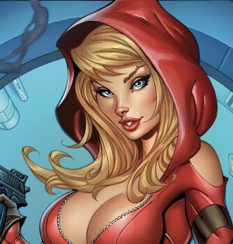 1girl artist_collaboration blonde_hair blue_eyes breasts cleavage highres jagdish_kumar john_royle long_hair looking_at_viewer red_hood red_lips solo ula_mos upper_body zenescope