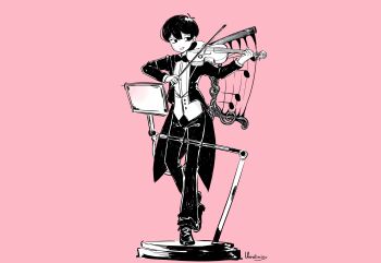 1boy absurdres alternate_costume antenna_hair artist_name bow bow_(weapon) bowtie double-parted_bangs greyscale_with_colored_background hair_between_eyes highres holding holding_bow_(weapon) holding_instrument holding_violin holding_weapon instrument long_sleeves male_focus musical_note omori pants parted_lips pink_background short_hair simple_background smile solo sunny_(omori) umilini2 violin weapon