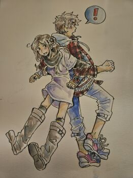 Rule 34 | !, 1boy, 1girl, ayellowapple, back-to-back, black scarf, blue pants, blue shoes, blush, boots, brown boots, brown hair, commentary, drawstring, dress, english commentary, flannel, full body, hair bun, highres, hood, hood down, jacket, junpei (kyokugen dasshutsu), kurashiki akane, kyokugen dasshutsu, kyokugen dasshutsu: 9 jikan 9 nin 9 no tobira, long hair, long sleeves, painting (medium), pants, plaid clothes, plaid jacket, purple dress, red jacket, scarf, shoelaces, shoes, simple background, single side bun, smile, socks, speech bubble, spoken exclamation mark, sweatdrop, traditional media, watch, watercolor (medium), wristwatch