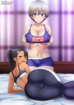 2girls absurdres ass bed bedroom black_hair black_pants black_sports_bra blue_eyes blue_shorts blue_sports_bra blush breasts brown_eyes cleavage clothes_writing collarbone crossover curtains ear_piercing fang grabbing_own_breast grey_hair hair_ornament hairclip highleg highleg_panties highres ijiranaide_nagatoro-san kneeling large_breasts long_hair looking_at_viewer looking_back lying multiple_girls nagatoro_hayase navel on_bed one-piece_tan open_mouth panties pants piercing ponytail short_hair shorts smile sports_bra sugoi_dekai tan tanline trait_connection underboob underwear uzaki-chan_wa_asobitai! uzaki_hana white_panties window zel-sama