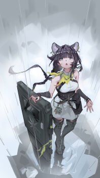 1girl absurdres animal_ears arknights arm_guards ballistic_shield bare_shoulders belt_bag belt_pouch black_boots black_hair black_thighhighs blunt_bangs bolivar_logo_(arknights) boots braid breasts chest_harness citrushn_(sushimiganbo) dress extra_ears full_body grey_eyes hair_ornament hairclip harness highres looking_up lutonada_(arknights) medium_breasts mouse_ears mouse_girl mouse_tail no_jacket open_mouth pouch rain scarf shield sleeveless sleeveless_dress solo standing tail thigh_boots thighhighs torn_clothes torn_scarf torn_thighhighs turtleneck turtleneck_dress twin_braids white_dress yellow_scarf