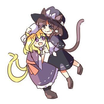 2girls :d animal_ears black_capelet black_hat black_skirt black_socks blonde_hair blush bow brown_eyes brown_hair brown_shoes capelet cat_ears cat_tail closed_mouth collared_dress commentary contrast_collar dress frilled_dress frills hair_bow hand_on_another's_head hat hat_bow highres holding_hands jumping kemonomimi_mode maribel_hearn medium_hair mob_cap multiple_girls multiple_tails nagatsuki_kei_(nagatsuki22) open_mouth purple_dress purple_eyes red_sash ribbon-trimmed_capelet ribbon-trimmed_dress ribbon-trimmed_skirt ribbon_trim sash shirt shoes simple_background skirt smile socks standing tail touhou two_tails usami_renko white_background white_hat white_shirt yuri