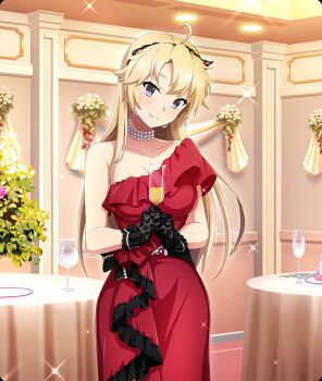 1girl ahoge alcohol black_gloves black_hairband blonde_hair blue_eyes breasts ceiling_light champagne champagne_flute cleavage closed_mouth cowboy_shot cup diffraction_spikes dress drinking_glass earrings formal_clothes game_cg gem gloves hairband head_tilt holding holding_cup indoors jewelry kohagura_ellen lace lace_gloves large_breasts long_hair looking_at_viewer official_art pearl_choker plate red_dress red_gemstone round_table single_off_shoulder smile solo sparkle string_of_pearls table tablecloth third-party_source toji_no_miko toji_no_miko:_kizamishi_issen_no_tomoshibi
