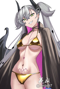 1girl absurdres alternate_costume bikini black_cloak body_markings breasts choker cloak crossed_bangs demon_girl demon_horns demon_wings ear_piercing fate/grand_order fate_(series) gold_bikini green_eyes grey_hair grin hair_between_eyes highres horns lilith_(fate) lilith_(second_ascension)_(fate) long_hair looking_at_viewer medium_breasts navel omte97 piercing pointy_ears smile solo stomach_tattoo swimsuit tattoo thighs twintails very_long_hair wings