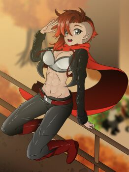 1girl abs against_railing alex_goers alternate_costume alternate_hairstyle asymmetrical_hair belt black_jacket black_pants boots breasts cape cleavage commentary crop_top cropped_jacket drawstring english_commentary eyelashes full_body grey_eyes highres hood hood_down hooded_cape jacket long_sleeves medium_hair midriff navel open_clothes open_jacket open_mouth pants railing red_belt red_boots red_cape red_hair ruby_rose rwby sidecut smile teeth toned toned_female undercut upper_teeth_only