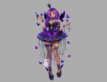 1girl absurdres aris_ignis artist_logo artist_name belt black_belt black_lips black_nails black_ribbon black_shoes black_wings blue_eyes breasts bug butterfly cha_cha_(vtuber) cleavage crown fingernails fishnet_pantyhose fishnets floating_crown grey_background hair_ornament highres holding holding_wand indie_virtual_youtuber insect logo long_braid long_hair mole mole_on_breast mole_under_mouth pantyhose parted_lips purple_hair ribbon sharp_fingernails shoes solo tan thigh_belt thigh_strap torn_clothes torn_pantyhose virtual_youtuber wand wings