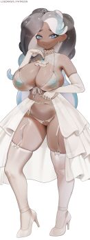 1girl absurdres alternate_costume artist_name bib_collar black_hair blue_eyes blue_gem blue_hair blue_nipples bra breasts bridal_lingerie cephalopod_eyes cleavage cleft_of_venus closed_mouth collar colored_nipples colored_skin commentary crotchless crotchless_panties dark-skinned_female dark_skin detached_collar dress earrings elbow_gloves english_commentary frilled_collar frilled_dress frills full_body garter_belt garter_straps gem gloves gradient_hair high_heels highres horizontal_pupils inklingloe jewelry lingerie long_hair looking_at_viewer marina_(splatoon) midriff mole mole_under_mouth multicolored_hair navel navel_piercing nintendo nontraditional_wedding_dress octoling panties patreon_username pearl_earrings piercing pink_pupils pussy see-through_bra see-through_clothes shoes simple_background skindentation smile solo splatoon_(series) strappy_heels suction_cups tentacle_hair thighhighs thighs tiara two-tone_hair underwear white_background white_bra white_gloves white_shoes white_thighhighs