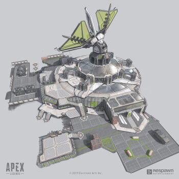 apex_legends building commentary concept_art copyright_name electronic_arts english_commentary forklift grey_background highres in-universe_location kings_canyon logo no_humans official_art production_art respawn_entertainment satellite_dish scenery yang_niangniang