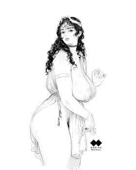 1girl arched_bangs armband artist_logo artist_name ass breasts choker circlet closed_mouth clothes_grab commentary cowboy_shot curvy earrings english_commentary facial_mark female_pubic_hair fingernails forehead_mark from_side godiva_ghoul greco-roman_clothes greyscale hand_up highres huge_breasts jewelry large_areolae lips logo long_fingernails long_hair looking_at_viewer mature_female mole mole_on_breast monochrome nipples nose one_breast_out original pelvic_curtain plump pubic_hair pubic_hair_peek puffy_nipples ring sagging_breasts sharp_fingernails simple_background single_bare_shoulder sketch solo standing sweat tassel thick_thighs thighs toga wavy_hair white_background