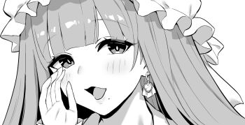 1girl azur_lane azur_lane:_slow_ahead earrings greyscale guichen_(azur_lane) guichen_(milk_and_kisses)_(azur_lane) heart heart_earrings hori_(hori_no_su) jewelry lips looking_at_viewer mole mole_under_mouth monochrome official_alternate_costume official_art open_mouth simple_background solo upper_body white_background