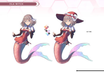 1girl blue_eyes breasts cat_with_a_brush cleavage color_guide commentary_request covered_navel dress english_text fins hair_ornament hand_on_own_chest hat hexagon isla_(cophocoa) kneeless_mermaid long_sleeves medium_breasts medium_hair mermaid monster_girl multiple_views original red_dress red_tail reference_sheet ribbon shell shell_hair_ornament white_ribbon witch_hat