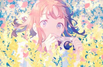 1girl blue_eyes brown_hair camera highres long_sleeves looking_at_viewer medium_hair moo_n_moko original petals shirt solo white_shirt