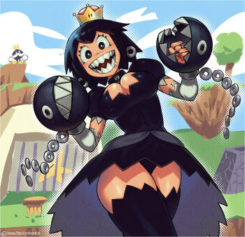 1girl black_dress black_hair black_panties black_thighhighs breasts chain_chomp choker cleavage dress earrings elbow_gloves floating_island gloves grass highres jewelry king_bob-omb looking_at_viewer mario_(series) nintendo no_nose panties personification princess_chain_chomp saliva sharp_teeth short_hair super_crown super_mario_64 super_mario_bros._2 taikodon teeth thighhighs thighs torn_clothes torn_gloves tree underwear