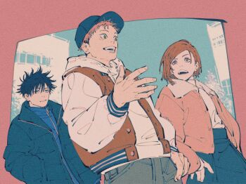 1girl 2boys black_hair blue_eyes brown_eyes brown_hair commentary facial_mark fushiguro_megumi hands_in_pockets hat hood hoodie itadori_yuuji jacket jujutsu_kaisen kugisaki_nobara mim_(mimya0600) multiple_boys pink_hair short_hair smile spiked_hair swept_bangs thumb_in_pocket white_hoodie