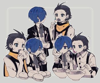 Rule 34 | 2boys, aqua eyes, black hair, black trim, blue eyes, blue hair, bowl, burger, chopsticks, collared shirt, cropped torso, eating, flying sweatdrops, food, gekkoukan high school uniform, grey background, hair over one eye, hair slicked back, headphones, headphones around neck, highres, holding, holding burger, holding food, holding utensil, inset border, jacket, lapels, male focus, mochizuki ryouji, mole, mole under eye, multiple boys, multiple views, neck ribbon, nervous sweating, noodles, notched lapels, one eye covered, parted bangs, persona, persona 3, ramen, ribbon, scarf, school uniform, shirt, sitting, sleeve cuffs, sweat, sweatdrop, takoyaki, teketeke (tasutekete), utensil, white shirt, wing collar, yellow scarf, yuuki makoto (persona 3)