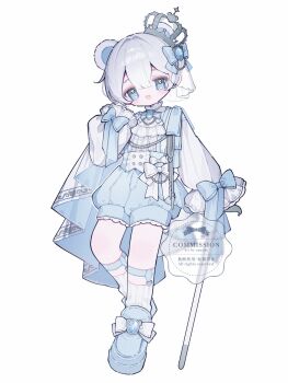 1girl :d animal_ears artist_name bear_ears bear_girl blue_bow blue_eyes blue_shoes blue_shorts blush bow commentary commission crown double-parted_bangs full_body grey_hair hair_between_eyes hair_bow hand_up highres long_sleeves looking_at_viewer open_mouth original shirt shoes short_hair shorts simple_background sleeve_bow smile socks solo standing standing_on_one_leg symbol-only_commentary upa_papa_co watermark white_background white_shirt white_socks