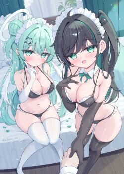 1other 2girls ahoge angel aqua_eyes aqua_hair bed bed_sheet bikini black_bikini black_gloves black_hair blush breasts cleavage closed_mouth collarbone commentary_request detached_collar dot_mouth gloves hair_bun halo highres holding_hands index_finger_raised indoors large_breasts long_hair looking_at_viewer maid maid_bikini maid_headdress medium_breasts mikaze_oto multicolored_hair multiple_girls on_bed open_mouth original sitting smile standing swimsuit two-tone_hair unconventional_maid white_gloves white_halo window