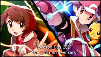 1boy 1girl absurdres anniversary bad_id bad_pixiv_id baseball_cap brown_eyes brown_hair cardigan closed_mouth commentary copyright_name energy gen_1_pokemon gloria_(pokemon) green_headwear hat highres holding holding_poke_ball jacket looking_at_viewer miyama_(yakinikusushi_the_royal) nintendo open_mouth pikachu poke_ball poke_ball_(basic) pokemon pokemon_(creature) pokemon_frlg pokemon_swsh red_(pokemon) smile split_screen tam_o'_shanter vs_seeker wristband