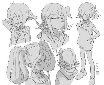 3girls :d blazer closed_eyes closed_mouth collar collared_shirt commentary_request dated frilled_collar frills from_behind from_side full_body hair_between_eyes hand_on_own_head hands_on_own_hips hood hooded_jacket jacket looking_at_viewer looking_to_the_side mchonmchon medium_hair monochrome multiple_girls multiple_views necktie open_mouth original overalls profile school_uniform shirt shoes short_hair short_sleeves side_ponytail sidelocks simple_background smile teeth twintails upper_teeth_only white_background