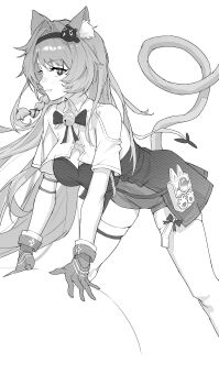 1girl absurdres animal_ear_fluff animal_ears black_unitard breasts cat_ears cat_girl cat_tail cleavage closed_mouth commentary_request cross_in_eye gloves highres jimizuai- large_breasts long_hair looking_at_viewer mint_(nte) monochrome neverness_to_everness shorts simple_background smile solo tail thighhighs white_background white_thighhighs