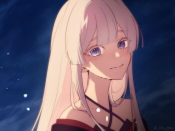 1girl bare_shoulders blue_eyes blunt_bangs chou_kaguya-hime! closed_mouth commentary_request grey_hair hair_down highres iris_cms japanese_clothes korean_commentary long_hair looking_at_viewer night runami_yachiyo sidelighting sky solo upper_body