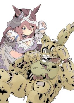 1girl animal_costume animal_ears animatronic archives.gokulism bandage_on_hair bandaged_arm bandaged_hand bandaged_head bandaged_torso bandages bandeau blue_eyes blush bottle bow braid braided_ponytail breasts brown_hair cleavage commentary ear_bow ear_ornament ear_ribbon ear_scrunchie english_commentary eye_socket five_nights_at_freddy&#039;s hair_between_eyes halloween_costume highres horse_ears horse_girl horse_tail large_breasts long_hair low-braided_long_hair low-tied_long_hair milk milk_bottle mummy_costume navel necktie official_alternate_costume open_mouth purple_bandeau rabbit_costume robot springtrap super_creek_(chiffon-wrapped_mummy)_(umamusume) super_creek_(umamusume) tail torn_bandages torn_bandeau torn_clothes torn_necktie umamusume very_long_hair