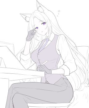 1girl absurdres animal_ear_fluff animal_ears bags_under_eyes black_gloves black_pants breasts collared_shirt commentary crossed_legs feet_out_of_frame fox_ears fox_girl fox_tail gloves hand_up highres holding holding_pen iris_(samlatte) long_hair looking_at_viewer medium_breasts necktie original pants parted_lips pen purple_eyes purple_necktie purple_vest samlatte shirt signature simple_background sitting solo squeans tail vest white_background white_shirt