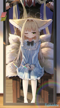 1boy 2girls absurdres animal_ears arknights blonde_hair blue_dress brushing_another's_hair brushing_hair chinese_commentary commentary_request dress flyshadow fox_ears fox_girl fox_tail frills green_eyes hair_brush highres kitsune long_hair long_sleeves mother_and_daughter multiple_girls multiple_tails one_eye_closed sitting suzuran_(arknights) tail vulpisfoglia_(arknights)