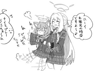 2girls animal_ear_fluff animal_ears blazer blue_archive carrying carrying_person closed_eyes commentary_request cross_hair_ornament greyscale hair_bun hair_ornament highres jacket long_hair miniskirt monochrome multiple_girls necktie nonomi_(blue_archive) open_mouth pleated_skirt scarf shiroko_(blue_archive) shiroko_(young)_(blue_archive) short_hair single_side_bun skirt suecovsky translation_request wolf_ears wolf_girl