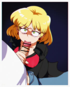 1boy 1girl bags_under_eyes bar_censor black_coat black_dress blonde_hair border breasts censored chromatic_aberration clothed_sex coat collarbone constricted_pupils covered_erect_nipples dress earrings facing_viewer fang fellatio film_grain from_above green_eyes hetero highres jcm2 jewelry looking_at_viewer lori_loud medium_breasts medium_hair oral penis penis_out saliva simple_background solo_focus the_loud_house vampire_costume veins veiny_penis white_border