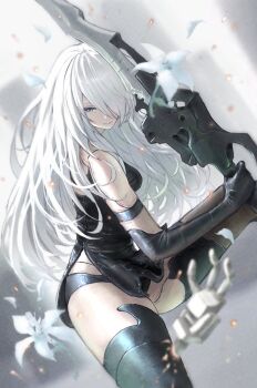 1girl a2_(nier:automata) bare_shoulders black_armlet black_gloves black_tank_top black_thighhighs blue_eyes blurry blurry_background breasts closed_mouth commentary embers english_commentary feet_out_of_frame fighting_stance flower gloves hair_over_one_eye highres holding holding_sword holding_weapon long_hair mole mole_under_mouth nier:automata nier_(series) solo sword tank_top thighhighs tomozoo83 weapon white_flower white_hair