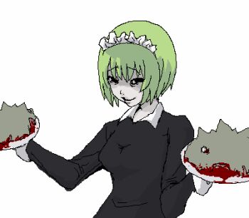1girl black_eyes blood bob_cut dress dual_wielding female_focus green_hair holding iya_maid looking_at_viewer lowres maid maid_headdress marimo oekaki original short_hair simple_background smile solo tray white_background wrist_cuffs