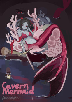 &gt;:( 1boy 3girls absurdres bikini black_hair blue_skin breasts cleavage closed_mouth colored_skin coral drowned frown highres mermaid monster_girl multiple_girls original red_bikini red_tail short_hair staring swimsuit sword v-shaped_eyebrows weapon