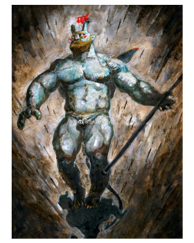 1boy abs bara beard bk_zerotwo blanc_shine_(bk_zerotwo) blue_skin blush_stickers briefs bulge colored_skin demon_boy demon_horns facial_hair faux_figurine full_beard full_body highres holding holding_polearm holding_weapon horns large_pectorals looking_ahead male_focus male_underwear mature_male mini_wings monster_boy muscular muscular_arms muscular_legs muscular_male navel nipples original pectorals polearm sharp_toenails single_flame solo standing stomach strongman_waist thick_beard thick_eyebrows thighs toenails topless_male underwear weapon wings