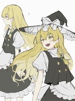 1girl absurdres apron black_hat black_skirt black_vest blonde_hair blush bow braid commentary_request frilled_skirt frills green_bow hair_bow hat hat_bow highres kirisame_marisa long_hair multiple_views open_mouth sei_(sei_ha1) side_braid single_braid skirt smile touhou vest white_apron white_bow witch_hat yellow_eyes