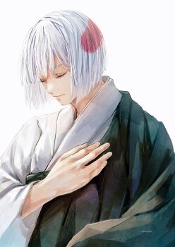 Rule 34 | 1other, 28cg, absurdres, black kimono, closed eyes, closed mouth, hand up, highres, japanese clothes, jujutsu kaisen, kimono, long sleeves, multicolored hair, red hair, simple background, two-tone hair, two-tone kimono, upper body, uraume (jujutsu kaisen), white background, white hair, white kimono