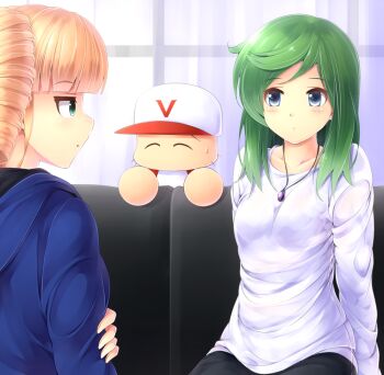 1boy 2girls baseball_cap black_pants blonde_hair blue_eyes blue_hoodie bow bowtie chibi closed_eyes commentary_request couch drill_hair facial_hair green_eyes green_hair hat hood hoodie indoors jikkyou_powerful_pro_yakyuu komimiyako long_hair multiple_girls natsume_jun nozaki_iori on_couch pants power_pro_kun power_pro_kun_pocket power_pro_kun_pocket_9 shirt stubble sweatdrop white_shirt