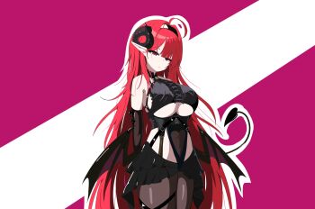1girl absurdres ahoge azur_lane black_skirt breasts center_frills clothing_cutout commentary_request cowboy_shot demon_girl demon_horns demon_tail demon_wings erciyuan_fan_mou frills heart_cutout highres hindenburg_(azur_lane) horns large_breasts long_hair low_wings miniskirt purple_background red_eyes red_hair simple_background skirt solo tail two-tone_background underboob underboob_cutout very_long_hair white_background wings