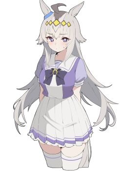 1girl absurdres ahoge animal_ears blue_eyes blush bow bowtie breasts closed_mouth darly_(heh_liman) ear_ornament grey_hair grey_tail hair_between_eyes hair_ornament hairband highres horse_ears horse_girl horse_tail long_hair multicolored_hair oguri_cap_(umamusume) pleated_skirt puffy_short_sleeves puffy_sleeves purple_bow purple_bowtie purple_shirt sailor_collar sailor_shirt school_uniform shirt short_sleeves skirt solo sweatdrop tail thighhighs thighs tracen_school_uniform umamusume white_sailor_collar white_skirt white_thighhighs zettai_ryouiki