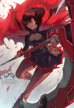 1girl artist_name black_boots black_corset black_shirt black_skirt boots breasts brown_pantyhose cape combat_boots commentary commission corset crescent_rose cross deviantart_logo english_commentary full_body grey_eyes highres holding holding_scythe holding_weapon instagram_logo iron_cross large_breasts long_sleeves pantyhose patreon_logo red_cape ruby_rose rwby scythe shirt short_hair skirt solo turtleneck turtleneck_shirt weapon white_background xredmhar