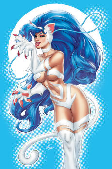 Rule 34 | 1girl, animal ear fluff, animal ears, animal hands, aqua background, artist name, big hair, blue hair, breasts, cat ears, cat girl, cat paws, cat tail, claws, collarbone, commentary, darkstalkers, elias chatzoudis, english commentary, eyelashes, eyeshadow, felicia (darkstalkers), green eyes, jewelry, licking, lips, lipstick, long hair, looking at viewer, makeup, nail polish, navel, nude, official art, open mouth, pink eyeshadow, red lips, red nails, signature, smile, solo, standing, tail, thick eyelashes, thighs, tongue, tongue out, udon entertainment, very long hair, white fur