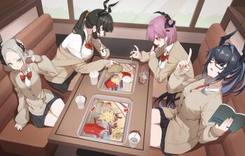 Rule 34 | 4girls, absurdres, alternate costume, asymmetrical horns, bahamut (nikke), behemoth (nikke), black hair, black horns, black skirt, book, bow, bowtie, brown cardigan, cardigan, cellphone, food, four beasts (nikke), glasses, goddess of victory: nikke, green eyes, grey hair, hair intakes, highres, holding, holding book, horns, leviathan (nikke), long hair, moon (restire), multiple girls, necktie, phone, pleated skirt, ponytail, purple hair, red bow, red bowtie, red eyes, red necktie, school uniform, shirt, short hair, sitting, skirt, smartphone, very long hair, white shirt, ziz (nikke)